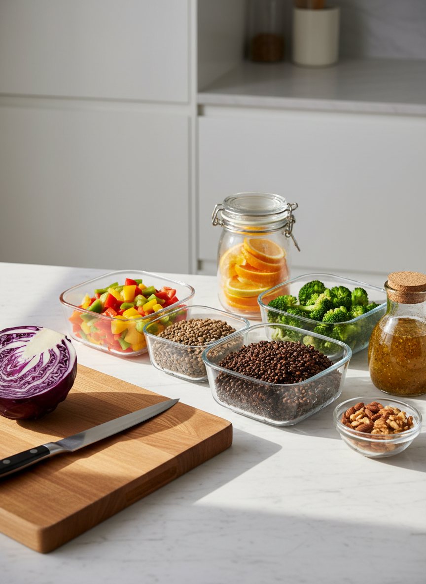 A photographic scene of an organized kitchen counter set up for easy healthy meal prep. On a smooth light stone countertop sit neat glass containers filled with prepped ingredients: chopped bell peppers in red, yellow, and green, cooked lentils, steamed broccoli, sliced citrus, toasted nuts, and a jar of homemade vinaigrette. A large wooden cutting board holds a sharp chef’s knife and a half-sliced purple cabbage. Natural morning light streams in from a window off-frame, creating clear, bright illumination with soft shadows that emphasize texture. Background cabinets are a soft matte white, slightly blurred to keep focus on the prep. The mood is calm, efficient, and encouraging, showing that gourmet-style healthy cooking can be simple and organized.