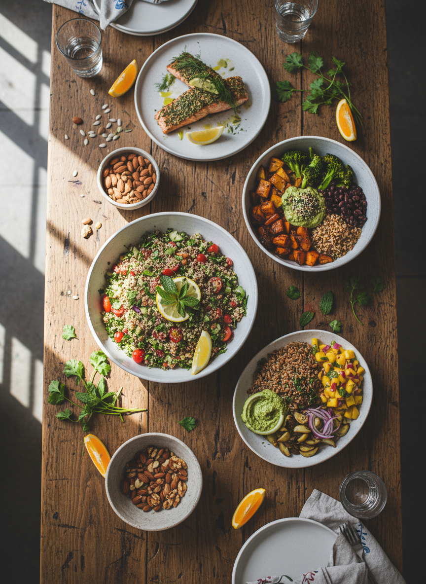 A vibrant overhead photographic shot of a large rustic wooden table covered with an array of healthy global dishes: a colorful quinoa tabbouleh, roasted vegetable Buddha bowl, herb-crusted salmon, bright mango salsa, and a small bowl of mixed nuts and seeds. Each dish sits in simple white or stoneware bowls with subtle textures, garnished with fresh herbs and citrus wedges. Soft natural daylight pours in from the left, creating gentle highlights on glossy sauces and casting delicate shadows. The background is slightly blurred at the edges for a cozy, inviting feel. The mood is playful and abundant, suggesting an approachable feast that feels gourmet yet everyday, captured in crisp, realistic detail with a clean, modern aesthetic.