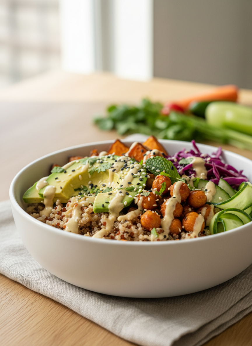 A close-up, slightly angled photographic view of a single healthy global fusion bowl: brown rice and quinoa base topped with sliced avocado, roasted sweet potatoes, spicy chickpeas, shredded red cabbage, cucumber ribbons, and a drizzle of tahini-lime sauce. Tiny sesame seeds and chopped herbs are sprinkled over the top. The bowl is matte white ceramic with a soft curve, placed on a pale linen napkin on a light oak table. Diffused afternoon light from a nearby window creates soft highlights on the avocado and sauce, with a gentle, creamy bokeh in the background featuring out-of-focus fresh ingredients. The composition uses rule of thirds, with a playful yet polished mood that feels nourishing, colorful, and accessible.